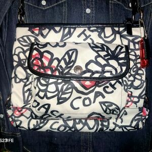 Coach White Floral Logo Shoulder Bag with Red Accents